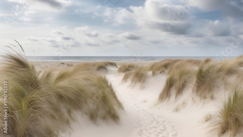 
Beach view from the path sand between the dunes at Dutch coastline. Marram grass, Netherlands. The dunes or dyke at Dutch north sea coast photo