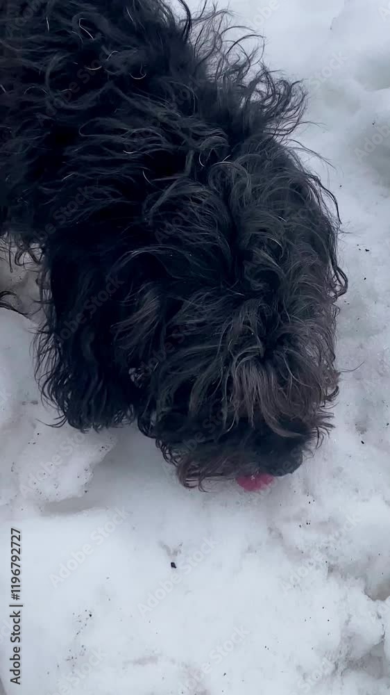 black terrier eating and enjoying snow outdoors