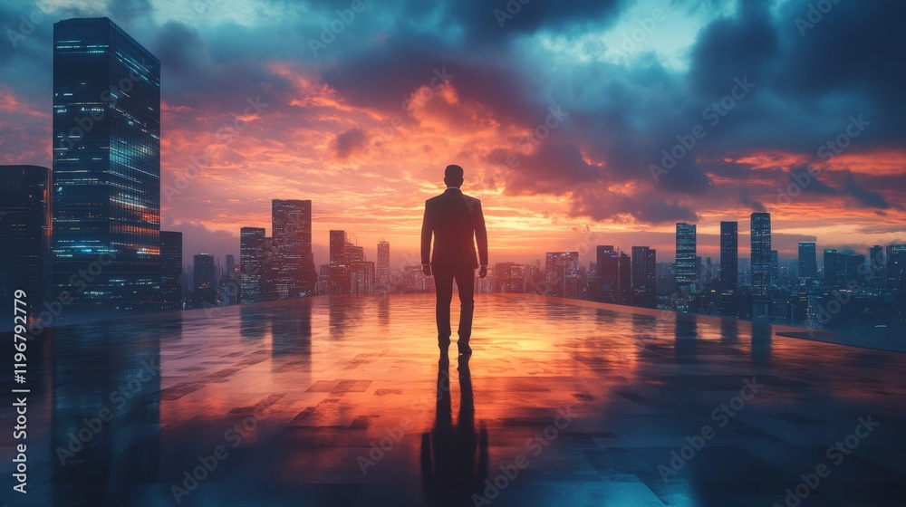 Fototapeta premium Business professional stands contemplatively on rooftop at sunset overlooking city skyline