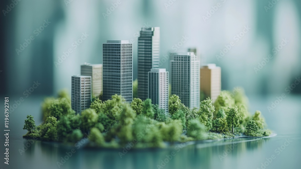 Fototapeta premium Miniature city model surrounded by greenery showcases architectural design and urban planning concepts