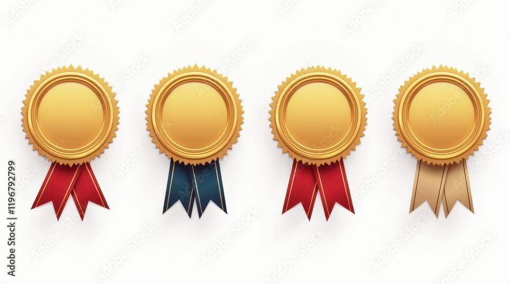 Set of four different, distinct award medals with different ribbons, different elegant decorative elements. Different designs should emphasize premium, with bright colors and different decorations, sy Set of four different, distinct award medals with different ribbons, different elegant decorative elements. Different designs should emphasize premium, with bright colors and different decorations, sy