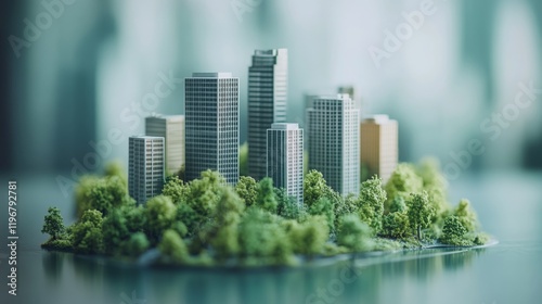 Miniature city model surrounded by greenery showcases architectural design and urban planning concepts