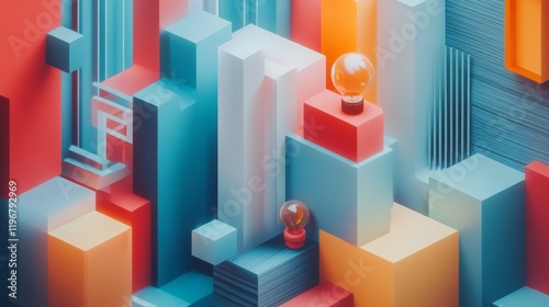 Colorful abstract geometric shapes with light bulbs in a modern digital landscape