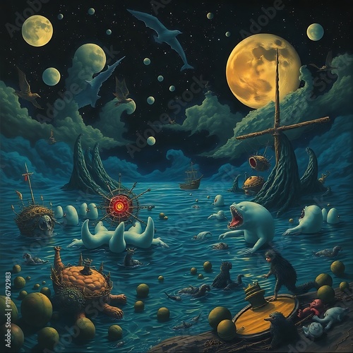 Surreal seascape with moon, creatures, and ships.