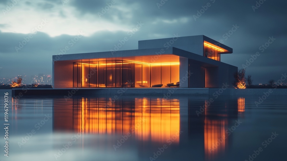 Fototapeta premium Modern architectural masterpiece illuminated at dusk near tranquil waterscape in an urban setting