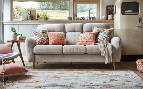A Scandinavian-style light beige sofa with wooden legs, accessorized with pastel throw pillows and a soft rug