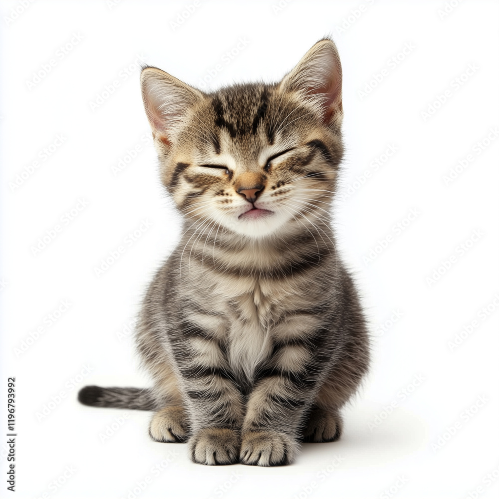 Fototapeta premium Tabby kitten sleeping with closed eyes on white background