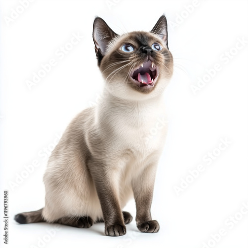 Siamese cat screaming sitting on white background
