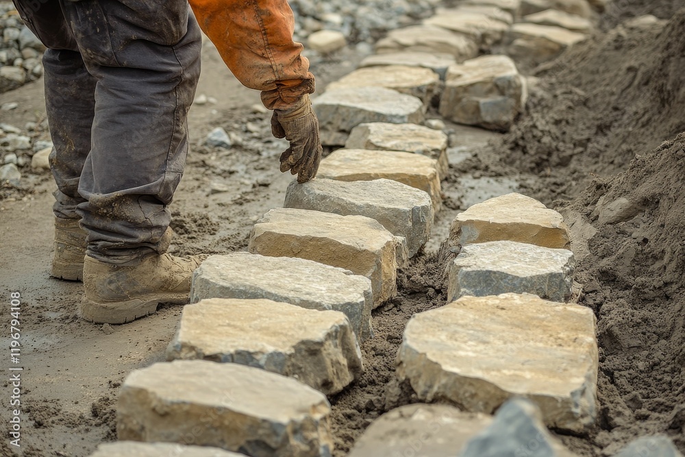Worker placing flat stones, pathway construction. Worker placing flat stones, pathway construction.