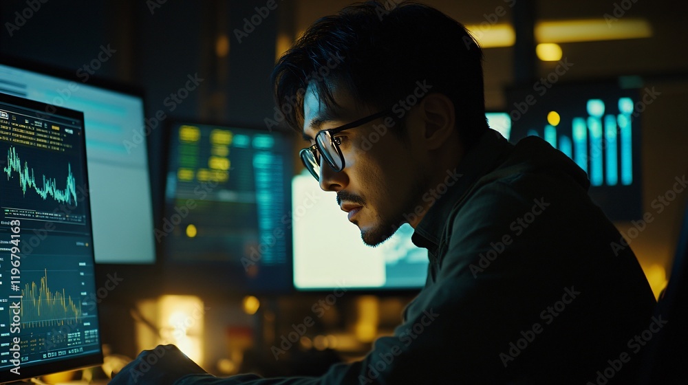 A focused individual analyzes data on multiple screens in a dimly lit workspace, showcasing a modern and tech-savvy environment. A focused individual analyzes data on multiple screens in a dimly lit workspace, showcasing a modern and tech-savvy environment.