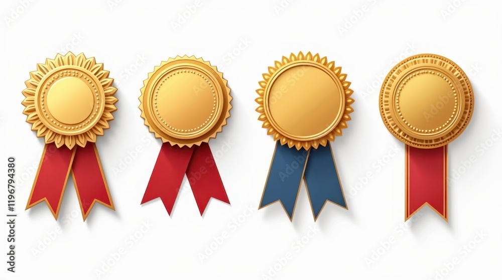 Set of four different, distinct award medals with different ribbons, different elegant decorative elements. Different designs should emphasize premium, with bright colors and different decorations, sy Set of four different, distinct award medals with different ribbons, different elegant decorative elements. Different designs should emphasize premium, with bright colors and different decorations, sy