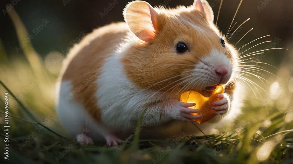 A cute hamster holding a small piece of food in a grassy setting, illuminated by soft light. A cute hamster holding a small piece of food in a grassy setting, illuminated by soft light.