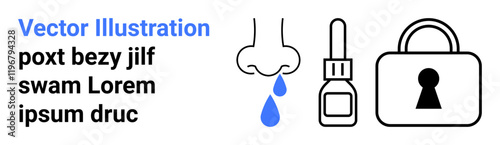 Nose dripping liquid, nasal spray bottle, and a padlock with keyhole. Ideal for healthcare, security, medical, allergy treatment, data protection privacy safety. Landing page