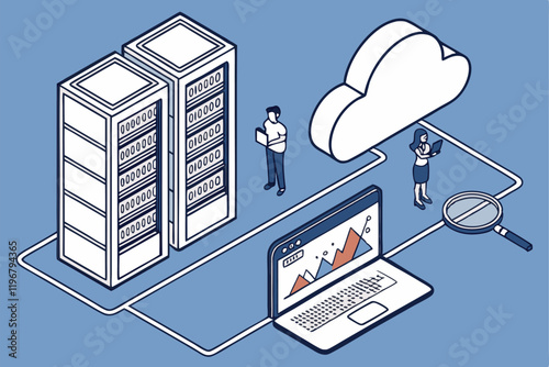 cloud computing, data center, server racks, laptop with analytics dashboard, miniature people, cloud icon, magnifying glass, flat design, blue background, infographic style, technology concept, digita