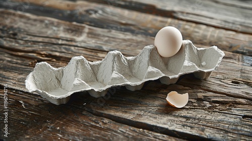 Empty egg carton on rustic wooden table with cracked eggshell, symbolizing food scarcity and supply chain challenges in modern agriculture and economy.