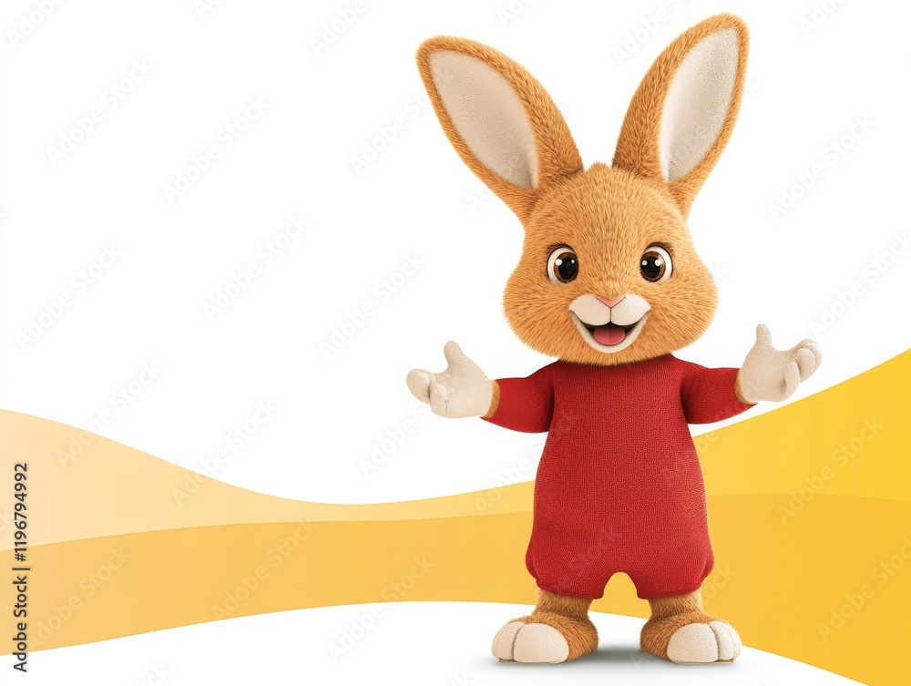 Obraz premium Adorable bunny in a red shirt with outstretched arms standing confidently against a yellow wave patterned background in a cheerful illustration