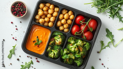 Healthy Vegan Meal with Chickpeas and Broccoli in Compartment Plate