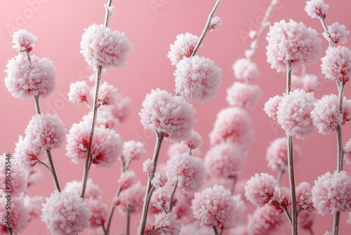 delicate whitefrosted spirea branches against soft pastel pink background minimalist winter botanical composition photo