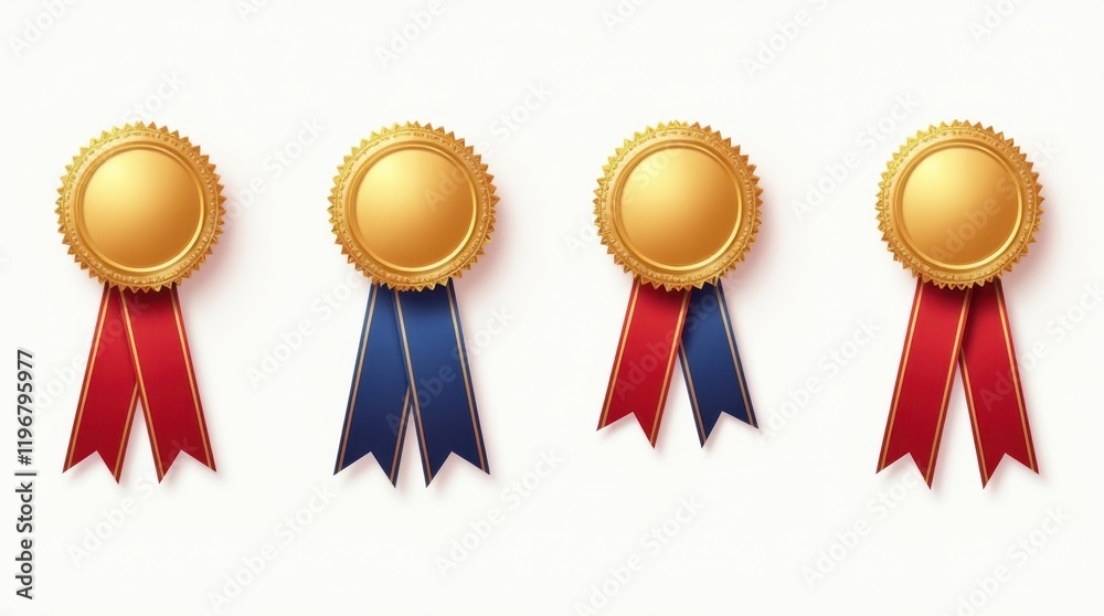 Set of four different, distinct award medals with different ribbons, different elegant decorative elements. Different designs should emphasize premium, with bright colors and different decorations, sy Set of four different, distinct award medals with different ribbons, different elegant decorative elements. Different designs should emphasize premium, with bright colors and different decorations, sy