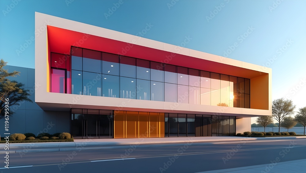 Minimalist building façade with oversized windows and vibrant contrast panels Minimalist building façade with oversized windows and vibrant contrast panels