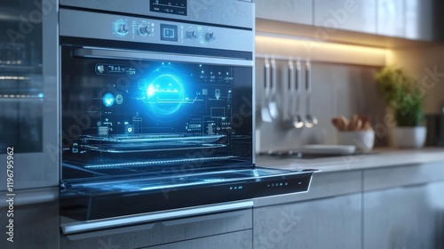 A futuristic oven with holographic controls in a high-tech kitchen