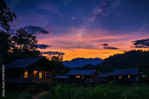 Serene twilight over rural village with wooden houses illuminated under starry night sky and vibrant purple-orange sunset in tranquil landscape