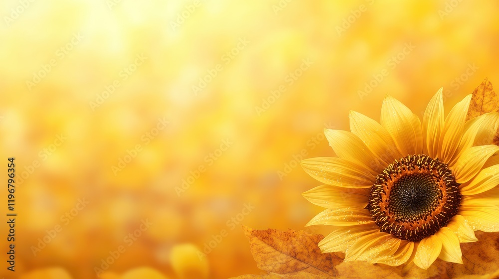 Obraz premium A vibrant sunflower blooms against a warm, golden background, evoking feelings of summer and joy.