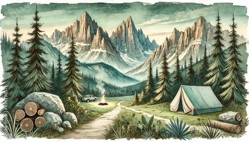 Mountain Camping Scene with Tent and Campfire.