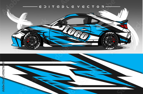 Illustration vector grahic of Car wrap decal with abstract design. Blue colour. Livery car editable. Mockup template sticker vinyl for racing, rally, or daily use.