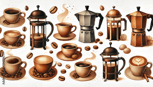 Coffee Cups, French Press, and Moka Pots Collection.