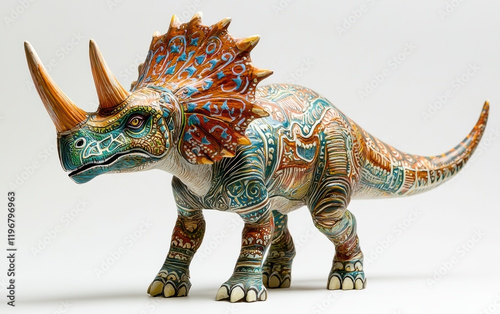 Obraz premium A vibrant Triceratops standing confidently, with intricate skin patterns, displayed on a bright white surface