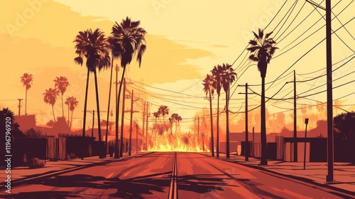 Sunset over rural road flanked by palm trees with flames in the distance