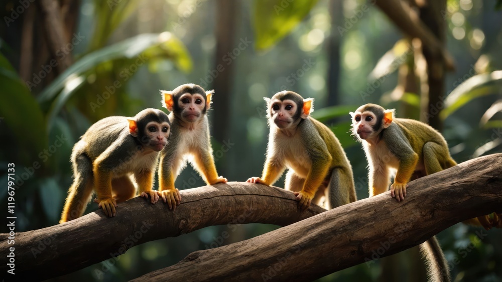 Obraz premium Four monkeys perched on a branch in a lush forest setting.