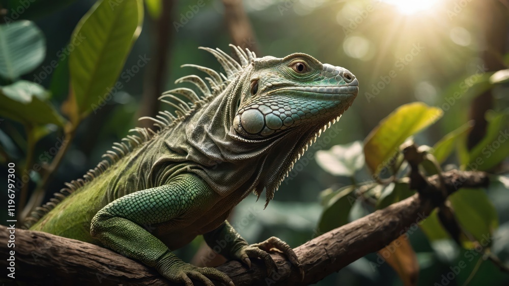 Fototapeta premium A vibrant iguana perched on a branch in a lush, sunlit environment.