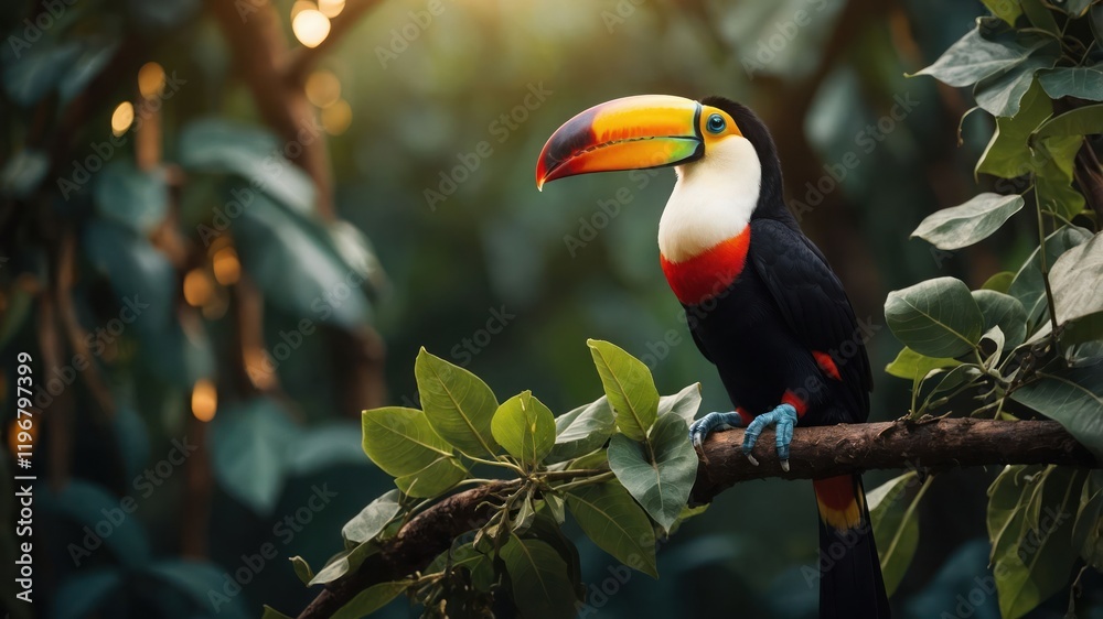 A vibrant toucan perched on a branch amidst lush greenery in a serene environment. A vibrant toucan perched on a branch amidst lush greenery in a serene environment.