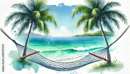 Tropical Beach Hammock Between Palm Trees.