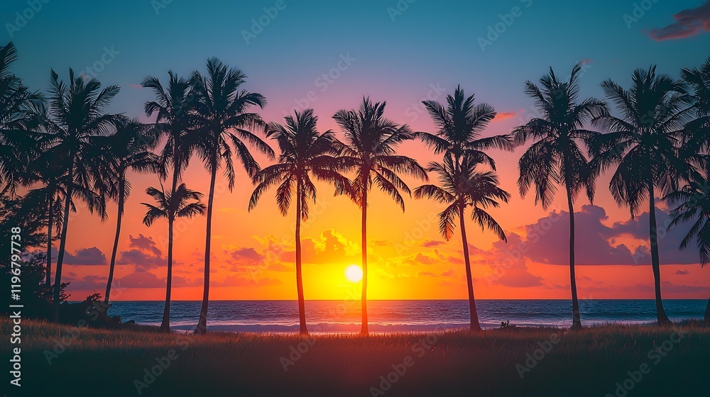 Obraz premium Breathtaking tropical sunset scene with tall palm trees casting intricate silhouettes against a vibrant colorful sky over the serene reflecting ocean