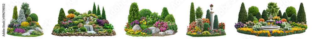 Obraz premium PNG Vibrant garden landscapes with flowers, isolated element set, transparent background
