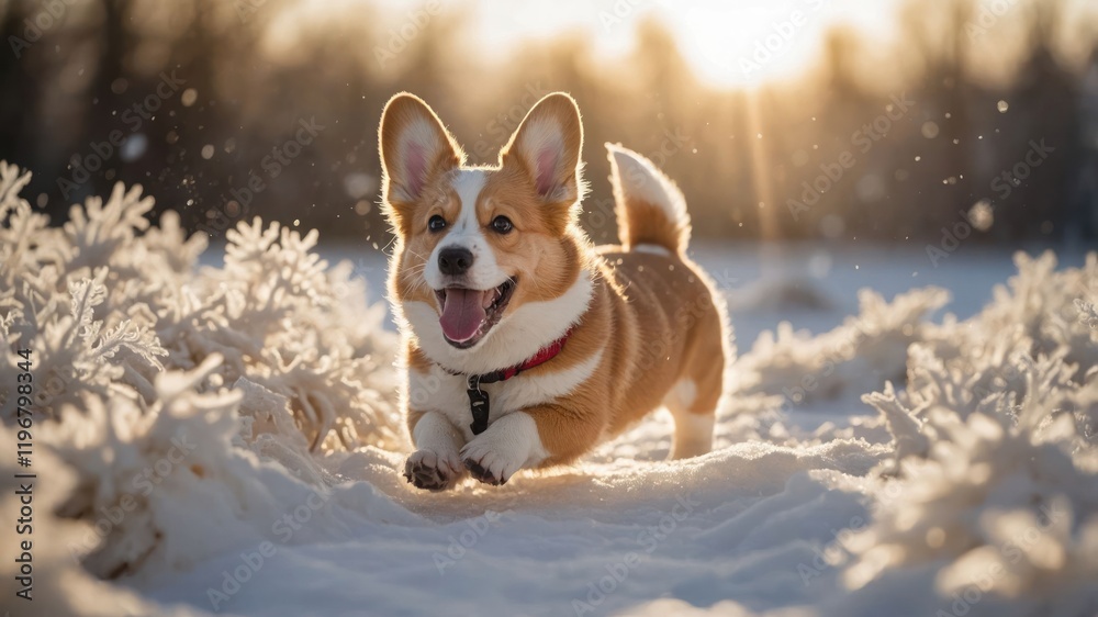 A playful corgi running joyfully through the snow at sunset. A playful corgi running joyfully through the snow at sunset.
