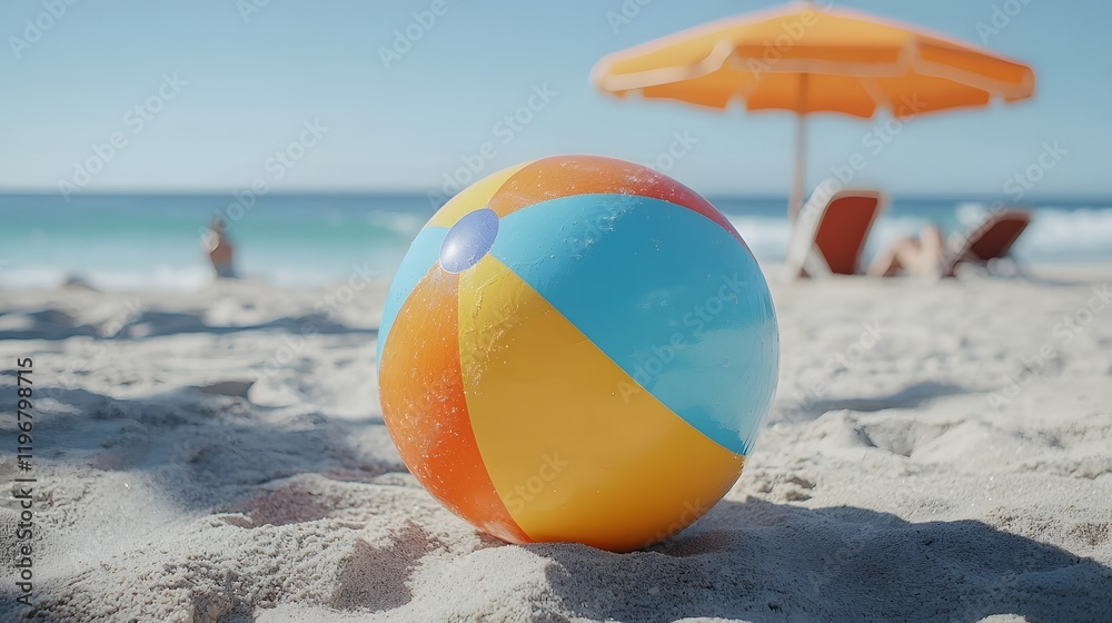 Bright and cheerful beach ball resting under a colorful beach umbrella surrounded by the calm and serene ocean waves evoking a sense of summer vacation and relaxation Bright and cheerful beach ball resting under a colorful beach umbrella surrounded by the calm and serene ocean waves evoking a sense of summer vacation and relaxation
