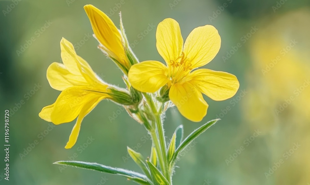 Close-up of a single goldenrod flower with a sturdy green stem and delicate petals, yellow flowers, green stems Close-up of a single goldenrod flower with a sturdy green stem and delicate petals, yellow flowers, green stems