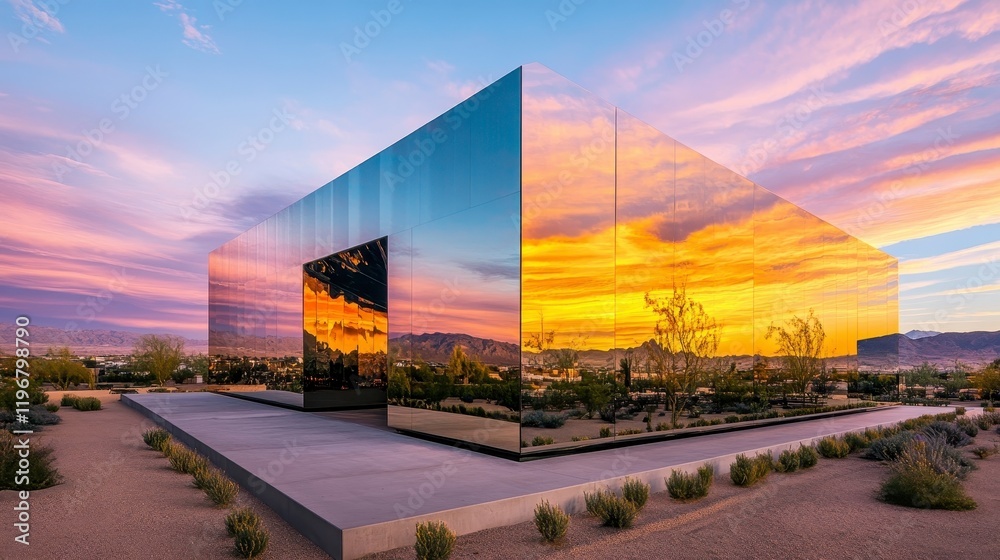 Obraz premium Modern Architectural Structure Reflecting Colorful Sunset Skies