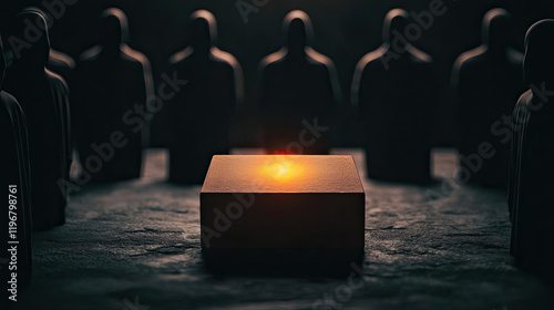 A mysterious scene with shadowy figures surrounding a glowing box, creating an atmosphere of intrigue and contemplation.