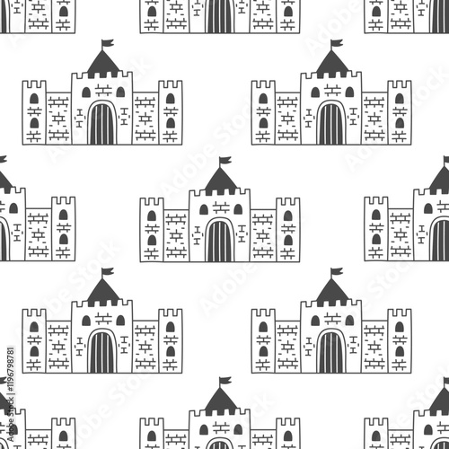 Castle Seamless Pattern. Majestic mediaeval architecture background. Middle ages building exterior with tower and flag. Black and white repeat vector illustration in doodle style