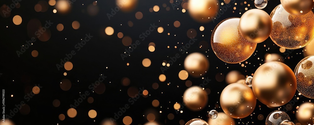 Elegant, shimmering golden bubbles and particles floating in a dark atmosphere, creating a festive and luxurious ambiance. Elegant, shimmering golden bubbles and particles floating in a dark atmosphere, creating a festive and luxurious ambiance.