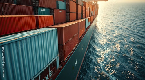 cargo ship containers in rich deep teal, luxurious and vibrant, blurred lines, action poses, showcasing motion