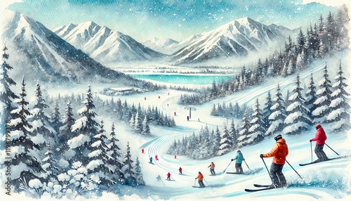 Snowy Mountain Ski Resort with Skiers.