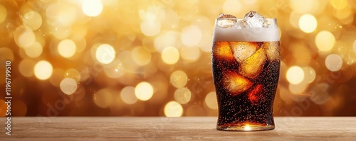 Refreshing glass of cola with ice on a wooden table, set against a softly blurred golden background, perfect for summer occasions.