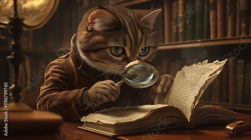 A curious cat detective in a brown outfit using a magnifying glass to inspect a torn piece of paper found in a library