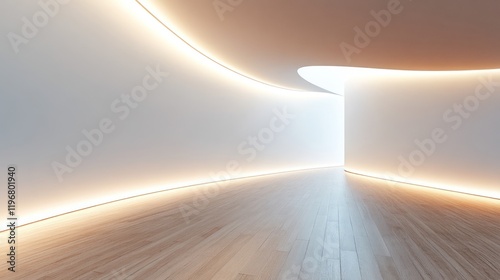 Fototapeta Naklejka Na Ścianę i Meble -  Futuristic Abstract Interior Design: Illuminated Curved Walls and Wooden Floor